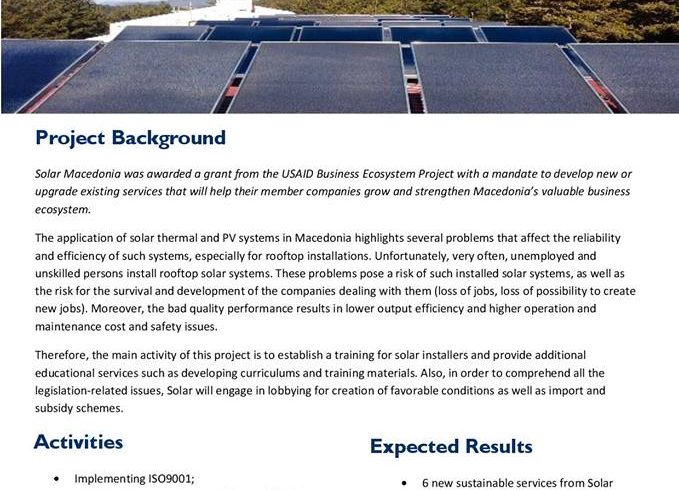 Solar Macedonia was awarded a grant from the USAID Business Ecosystem Project